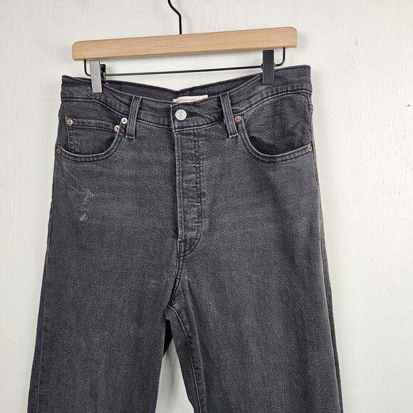 Levi's Ribcage Stright Ankle Jeans 31 Washed Black Button Fly High Rise - Picture 2 of 8